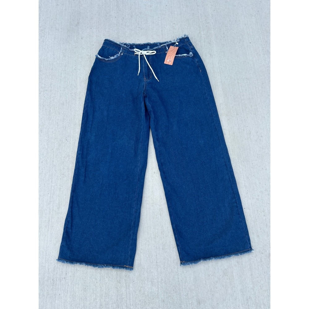 Frayed Hem Wide Leg  Denim Jeans Drawstring Waist‎ Blue Trendy Casual